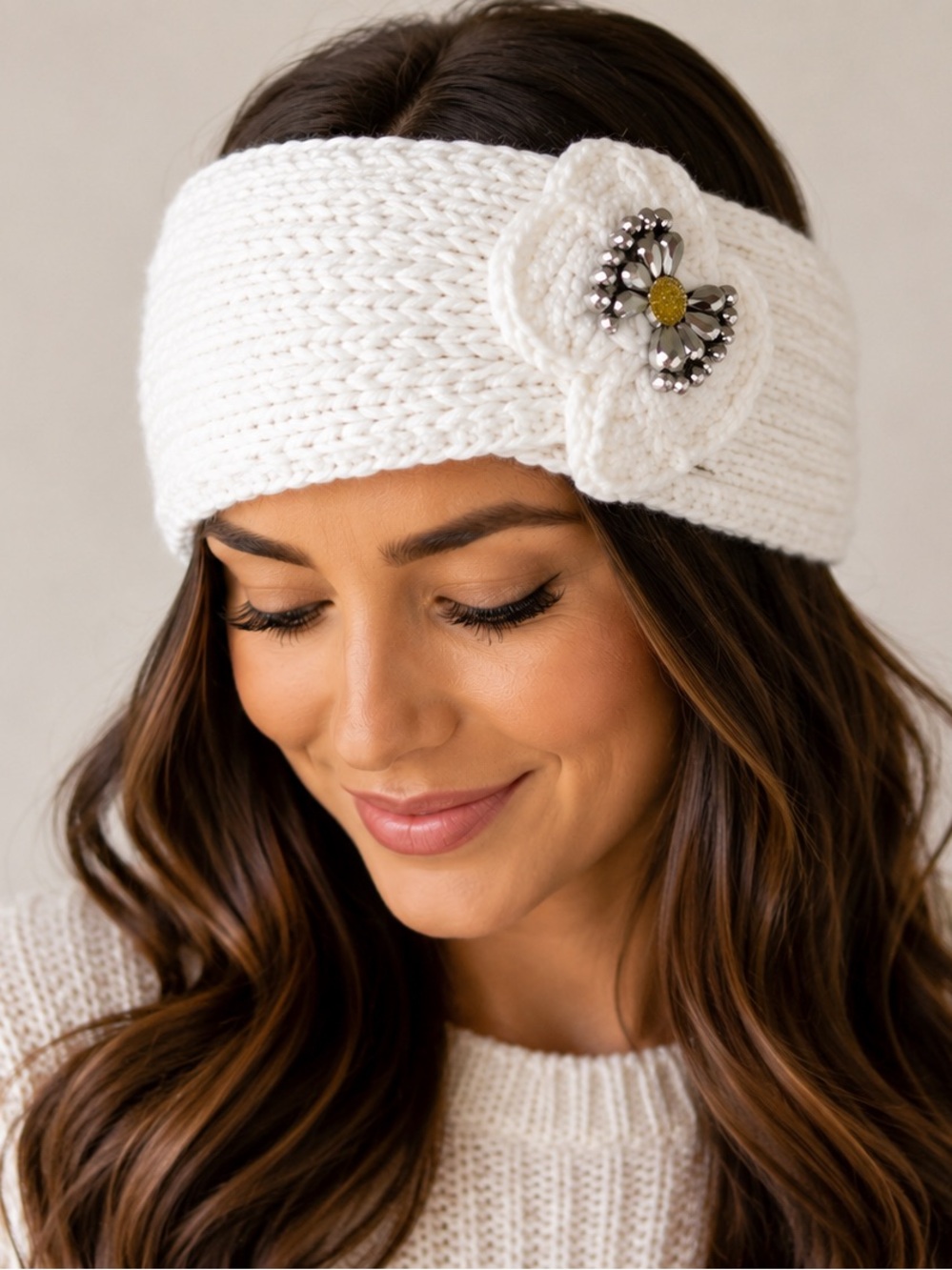C.C White Knit Bow Headband with Beaded Accent